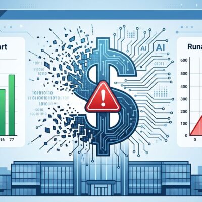 Enterprise budget chart showing AI cost overrun with dollar sign and warning indicator