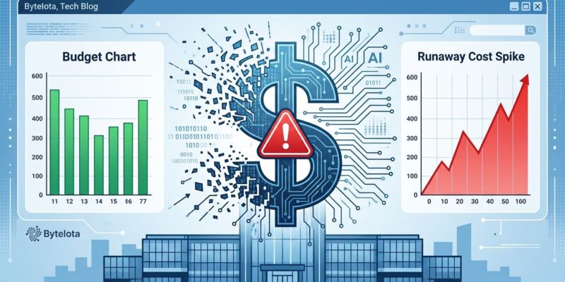 Enterprise budget chart showing AI cost overrun with dollar sign and warning indicator