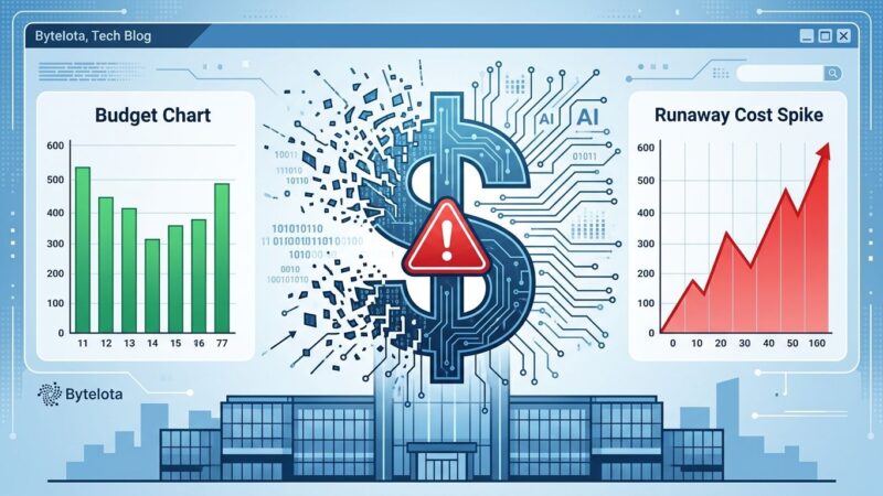 Enterprise budget chart showing AI cost overrun with dollar sign and warning indicator