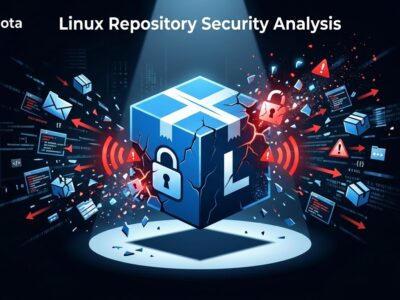 Blue package cube icon with shattered edges and warning signals representing the Arch Linux AUR supply chain attack