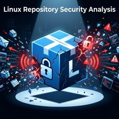 Blue package cube icon with shattered edges and warning signals representing the Arch Linux AUR supply chain attack