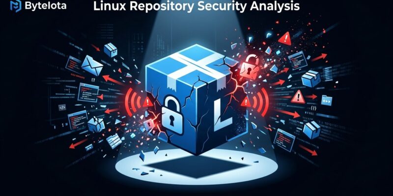 Blue package cube icon with shattered edges and warning signals representing the Arch Linux AUR supply chain attack