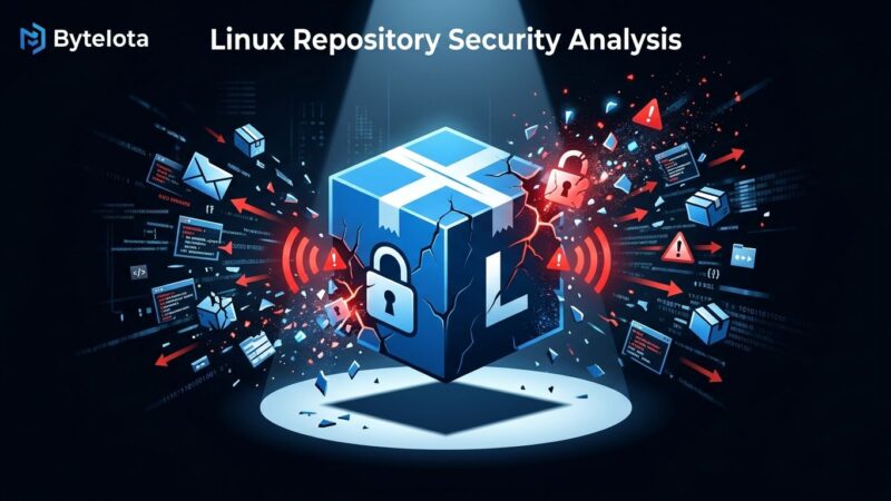Blue package cube icon with shattered edges and warning signals representing the Arch Linux AUR supply chain attack