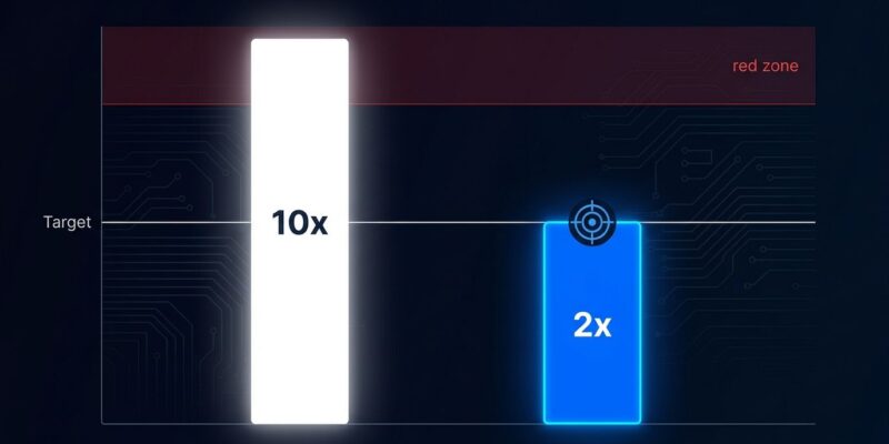 Data visualization showing LLM coding productivity ceiling of 2x versus the overhyped 10x claim, with Amdahls Law benchmark bars
