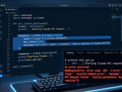 Python code editor showing Claude API 400 error during Sonnet 5 migration