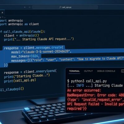 Python code editor showing Claude API 400 error during Sonnet 5 migration