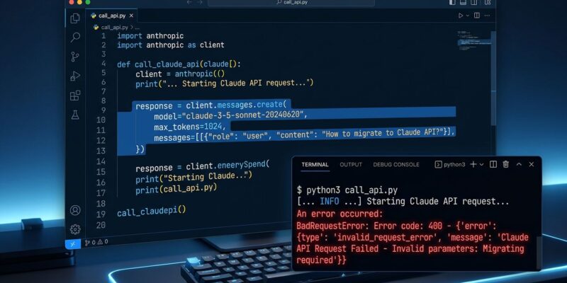 Python code editor showing Claude API 400 error during Sonnet 5 migration