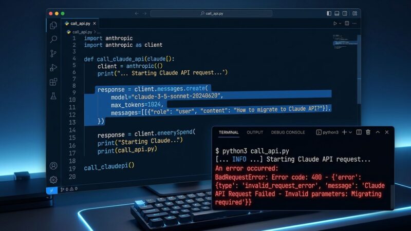 Python code editor showing Claude API 400 error during Sonnet 5 migration