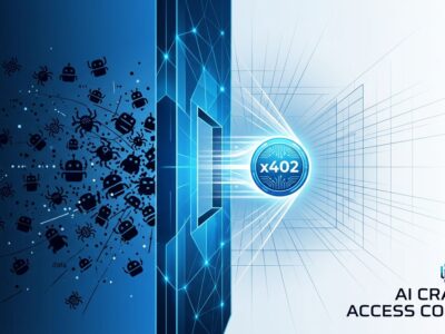 Geometric blue barrier blocking AI crawler bot icons with glowing x402 payment coin passing through gate, representing Cloudflare AI crawler access control policy