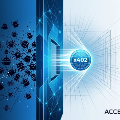Geometric blue barrier blocking AI crawler bot icons with glowing x402 payment coin passing through gate, representing Cloudflare AI crawler access control policy