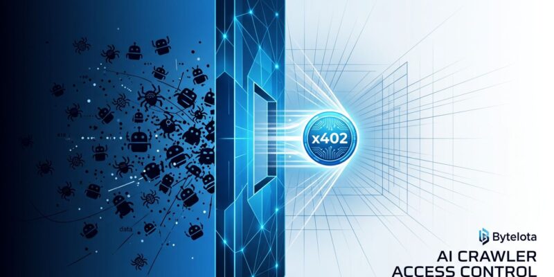 Geometric blue barrier blocking AI crawler bot icons with glowing x402 payment coin passing through gate, representing Cloudflare AI crawler access control policy