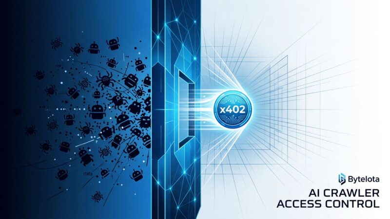 Geometric blue barrier blocking AI crawler bot icons with glowing x402 payment coin passing through gate, representing Cloudflare AI crawler access control policy