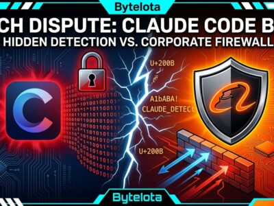 Split-screen illustration showing Alibaba blocking Claude Code with security shield, representing the AI coding tool ban over hidden fingerprinting code
