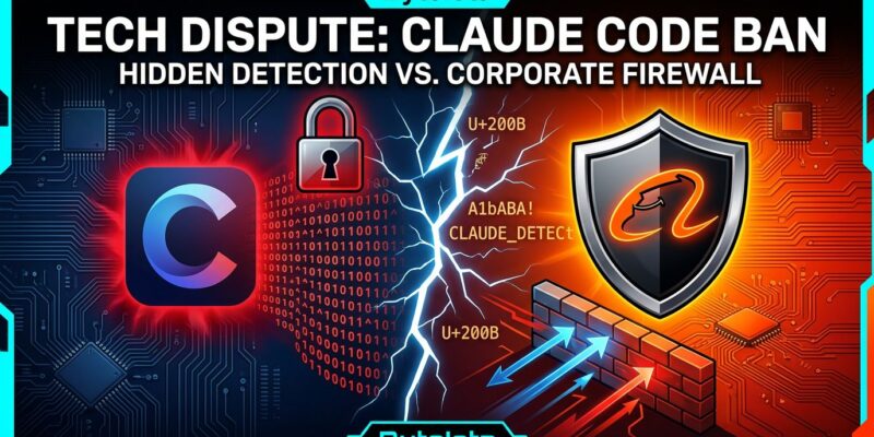 Split-screen illustration showing Alibaba blocking Claude Code with security shield, representing the AI coding tool ban over hidden fingerprinting code