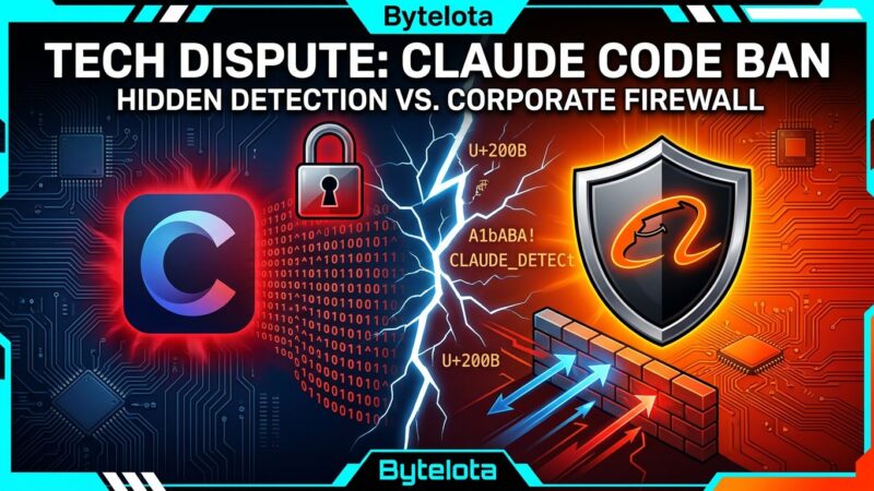 Split-screen illustration showing Alibaba blocking Claude Code with security shield, representing the AI coding tool ban over hidden fingerprinting code