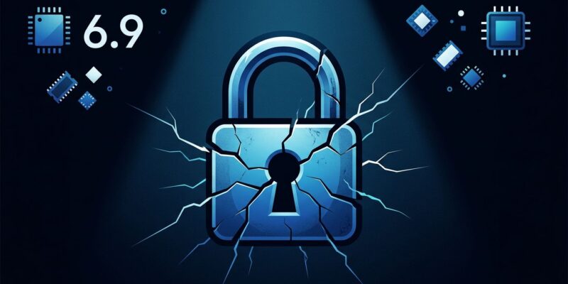 Cracked blue padlock representing broken LUKS disk encryption memory wipe regression in Linux kernel 6.9