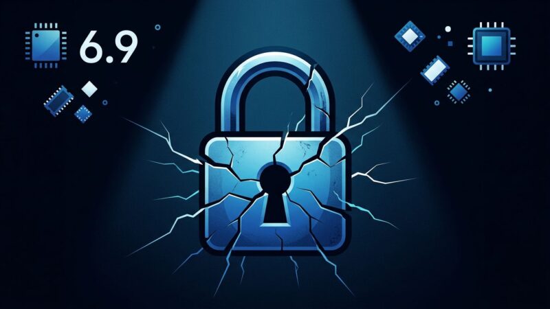 Cracked blue padlock representing broken LUKS disk encryption memory wipe regression in Linux kernel 6.9