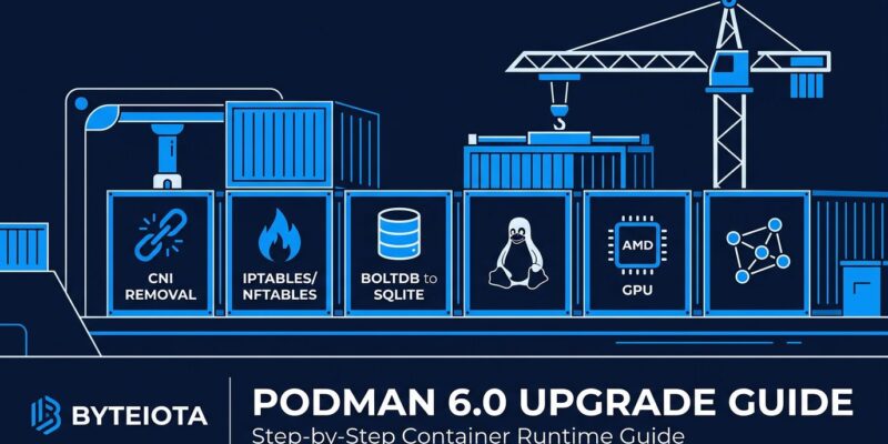 Podman 6.0 container runtime with breaking changes: CNI removal, cgroups v1 dropped, iptables replaced by nftables, BoltDB removed, AMD GPU support added