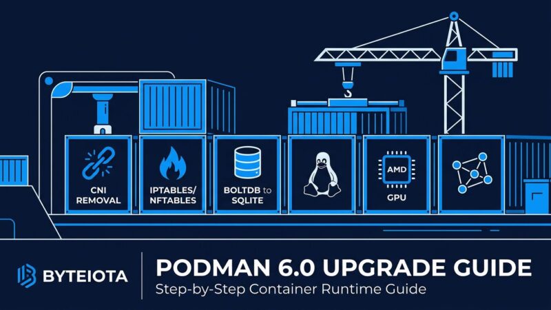 Podman 6.0 container runtime with breaking changes: CNI removal, cgroups v1 dropped, iptables replaced by nftables, BoltDB removed, AMD GPU support added