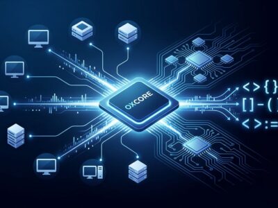 OxCore GPU architecture chip with RISC-V circuit patterns and CUDA portability data streams — Oxmiq AI hardware