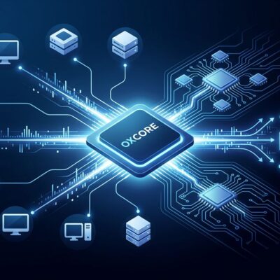 OxCore GPU architecture chip with RISC-V circuit patterns and CUDA portability data streams — Oxmiq AI hardware