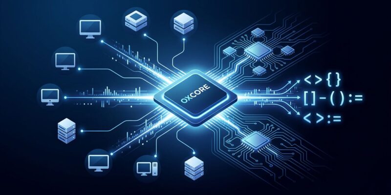 OxCore GPU architecture chip with RISC-V circuit patterns and CUDA portability data streams — Oxmiq AI hardware