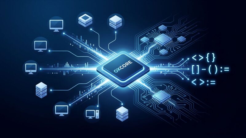 OxCore GPU architecture chip with RISC-V circuit patterns and CUDA portability data streams — Oxmiq AI hardware