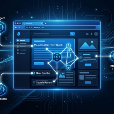 Browser window with AI agent icons connected to website elements via structured lines, representing WebMCP the Chrome web standard for AI agents