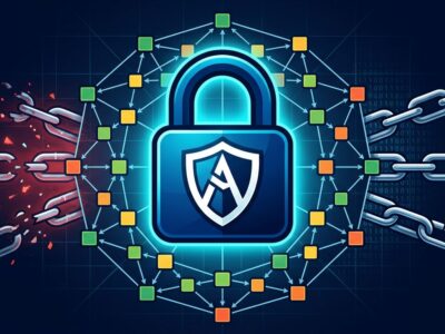 Shield and padlock network representing open source security coordination against AI-powered attacks