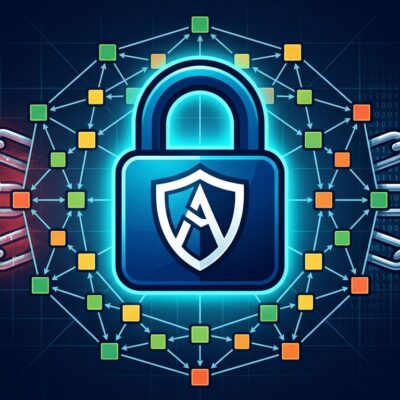 Shield and padlock network representing open source security coordination against AI-powered attacks