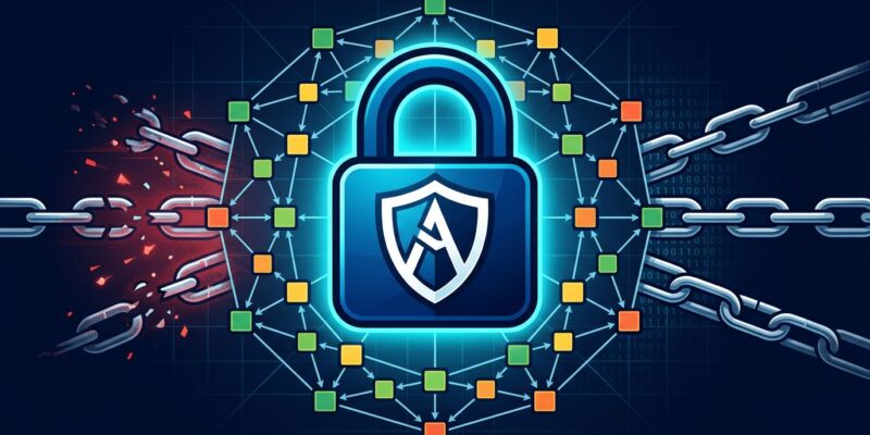 Shield and padlock network representing open source security coordination against AI-powered attacks