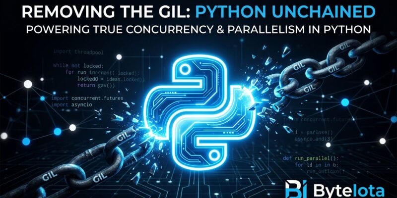 Python snake breaking free from chains symbolizing GIL removal in Python 3.14 free-threaded mode