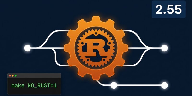 Git 2.55 release illustration showing Rust integration with Git branch diagram and version badge