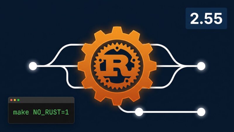 Git 2.55 release illustration showing Rust integration with Git branch diagram and version badge