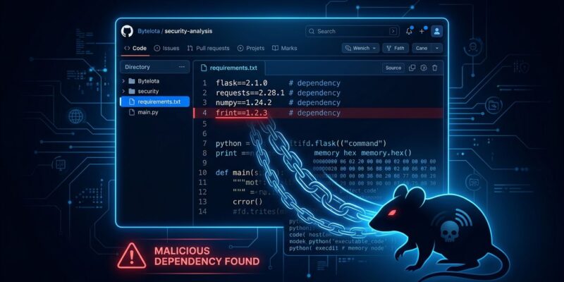 GitHub repository interface showing a trojanized requirements.txt file with malicious frint package highlighted, representing the ChocoPoC RAT supply chain attack on security researchers
