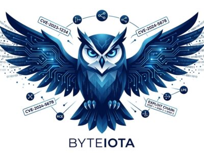 Stylized owl with circuit board patterns representing Strix AI penetration testing agent, surrounded by CVE labels and exploit chain symbols