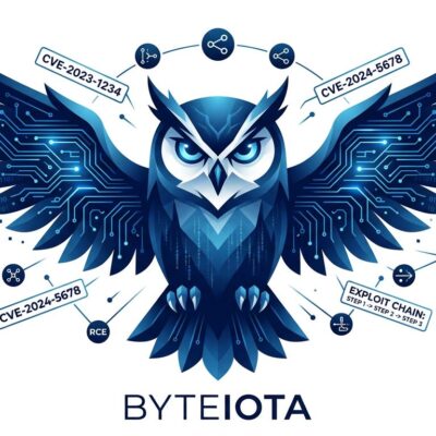Stylized owl with circuit board patterns representing Strix AI penetration testing agent, surrounded by CVE labels and exploit chain symbols