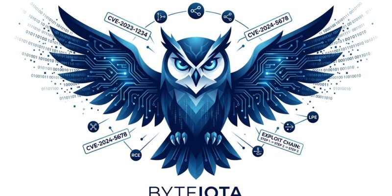 Stylized owl with circuit board patterns representing Strix AI penetration testing agent, surrounded by CVE labels and exploit chain symbols