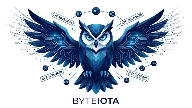 Stylized owl with circuit board patterns representing Strix AI penetration testing agent, surrounded by CVE labels and exploit chain symbols