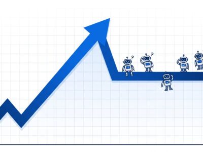 Chart showing enterprise AI agent development plateauing with robot icons, representing Meta's stalled AI agent progress