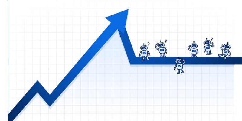 Chart showing enterprise AI agent development plateauing with robot icons, representing Meta's stalled AI agent progress