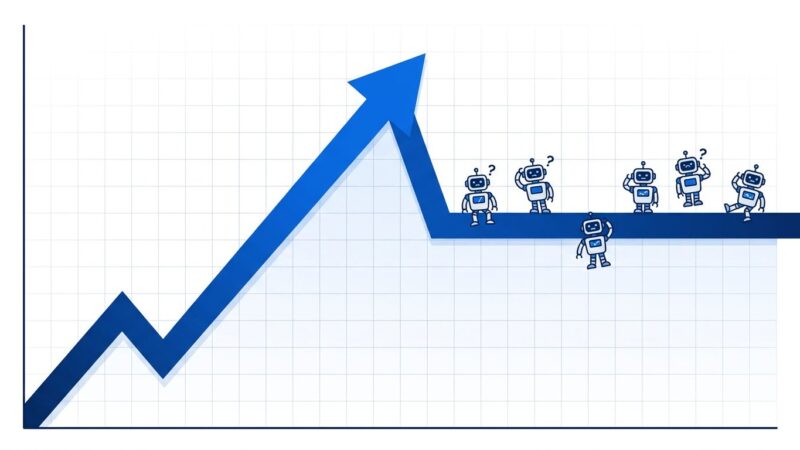 Chart showing enterprise AI agent development plateauing with robot icons, representing Meta's stalled AI agent progress
