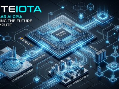 OXMIQ OxCore licensable GPU architecture blueprint showing modular chiplet design with RISC-V circuits in ByteIota blue and white brand colors