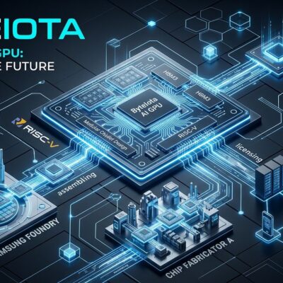 OXMIQ OxCore licensable GPU architecture blueprint showing modular chiplet design with RISC-V circuits in ByteIota blue and white brand colors