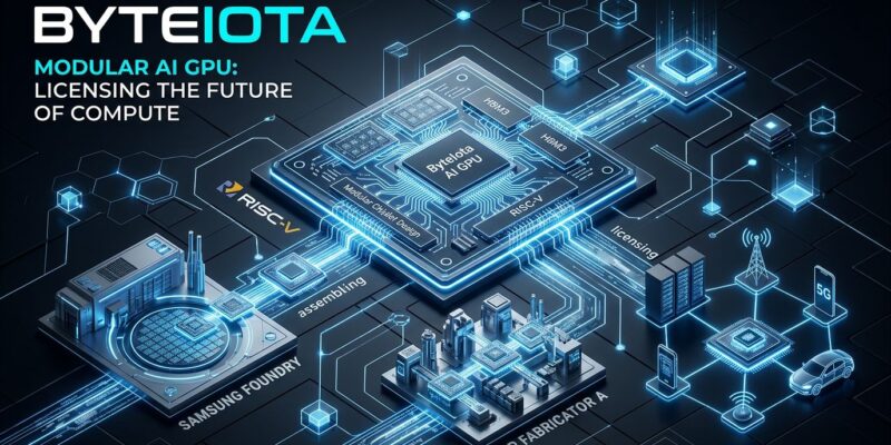 OXMIQ OxCore licensable GPU architecture blueprint showing modular chiplet design with RISC-V circuits in ByteIota blue and white brand colors