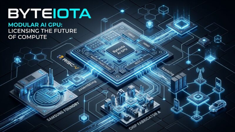 OXMIQ OxCore licensable GPU architecture blueprint showing modular chiplet design with RISC-V circuits in ByteIota blue and white brand colors