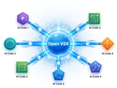 Open VSX registry hub connecting AI IDEs like Cursor, AWS Kiro, and Windsurf with blue data flow lines on white background