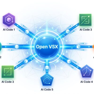 Open VSX registry hub connecting AI IDEs like Cursor, AWS Kiro, and Windsurf with blue data flow lines on white background