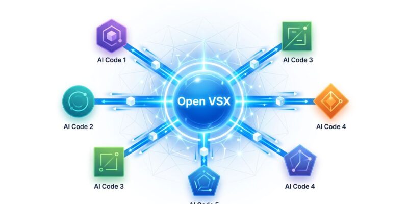Open VSX registry hub connecting AI IDEs like Cursor, AWS Kiro, and Windsurf with blue data flow lines on white background