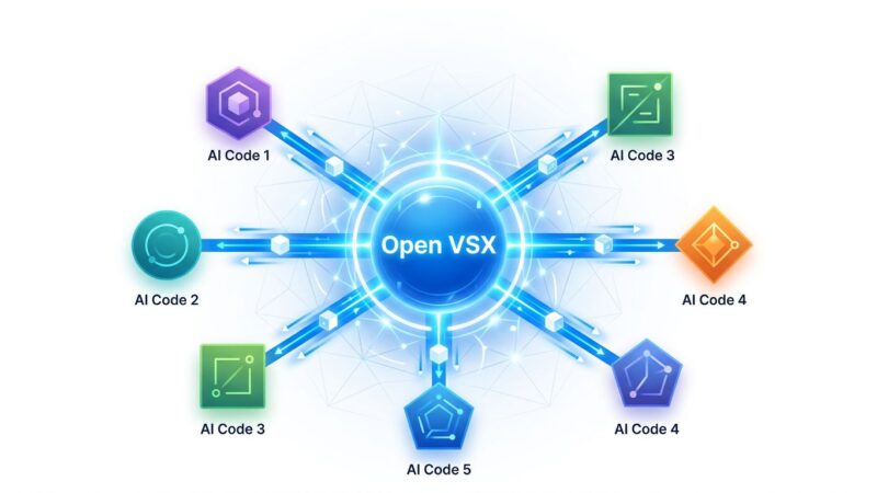 Open VSX registry hub connecting AI IDEs like Cursor, AWS Kiro, and Windsurf with blue data flow lines on white background